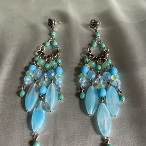 SOLD Czech Art Glass Beaded Silver Plated Pierced Chandelier Earrings 4” Drop